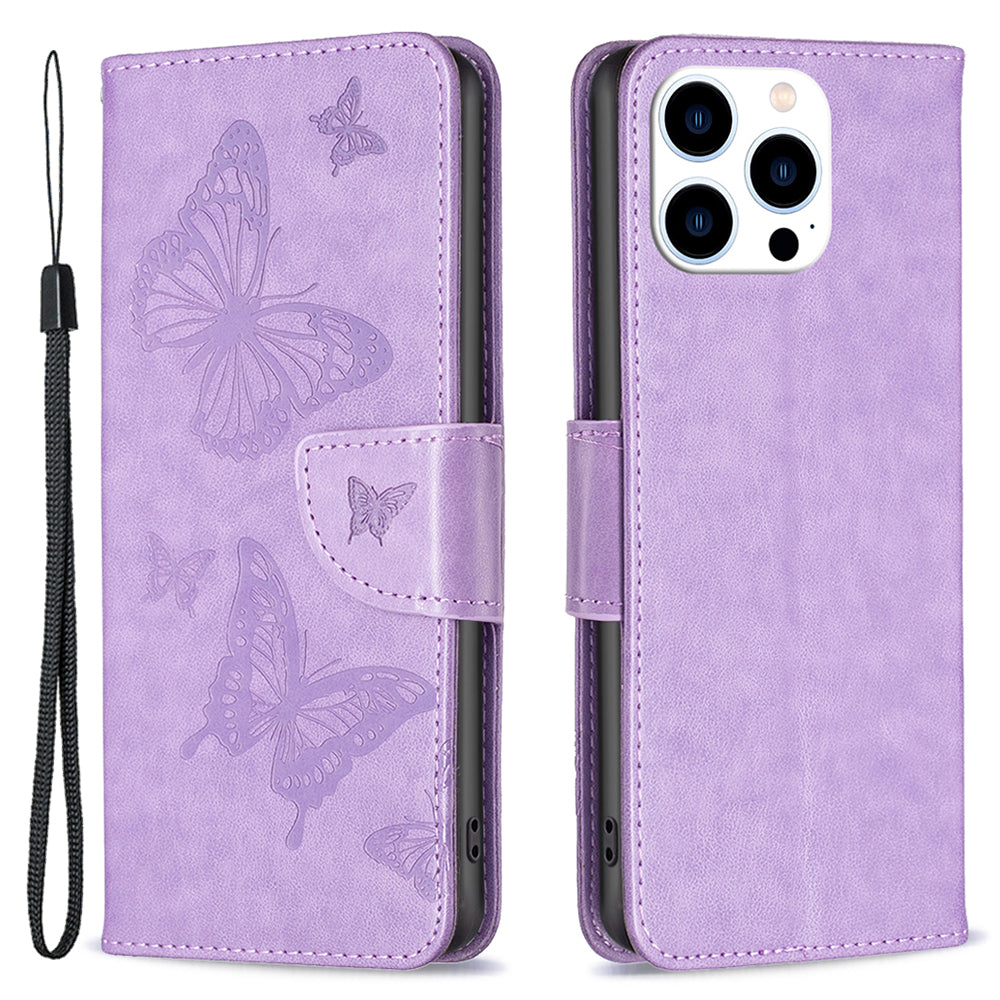 Uniqkart for iPhone 15 Pro Shockproof Phone Flip Case Butterfly Imprinted Leather Stand Wallet Cover with Strap - Purple Uniqkart for iPhone 15 Pro Shockproof Phone Flip Case Butterfly Imprinted Leather Stand Wallet Cover with Strap - Purple